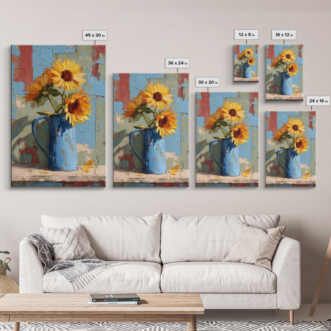 Sunflowers in a Blue Enamel Pitcher Canvas Print, Country Art, Floral Wall Art, Farmhouse Decor, Country, Fine Art Print, COU-2x3-16
