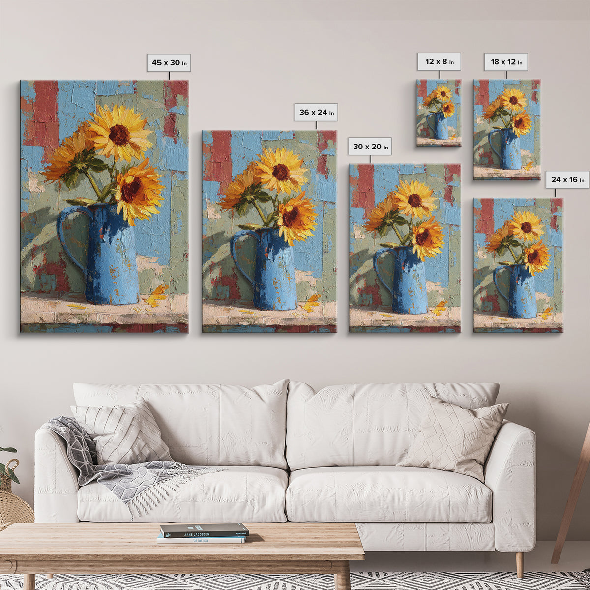 Sunflowers in a Blue Enamel Pitcher Canvas Print, Country Art, Floral Wall Art, Farmhouse Decor, Country, Fine Art Print, COU-2x3-16
