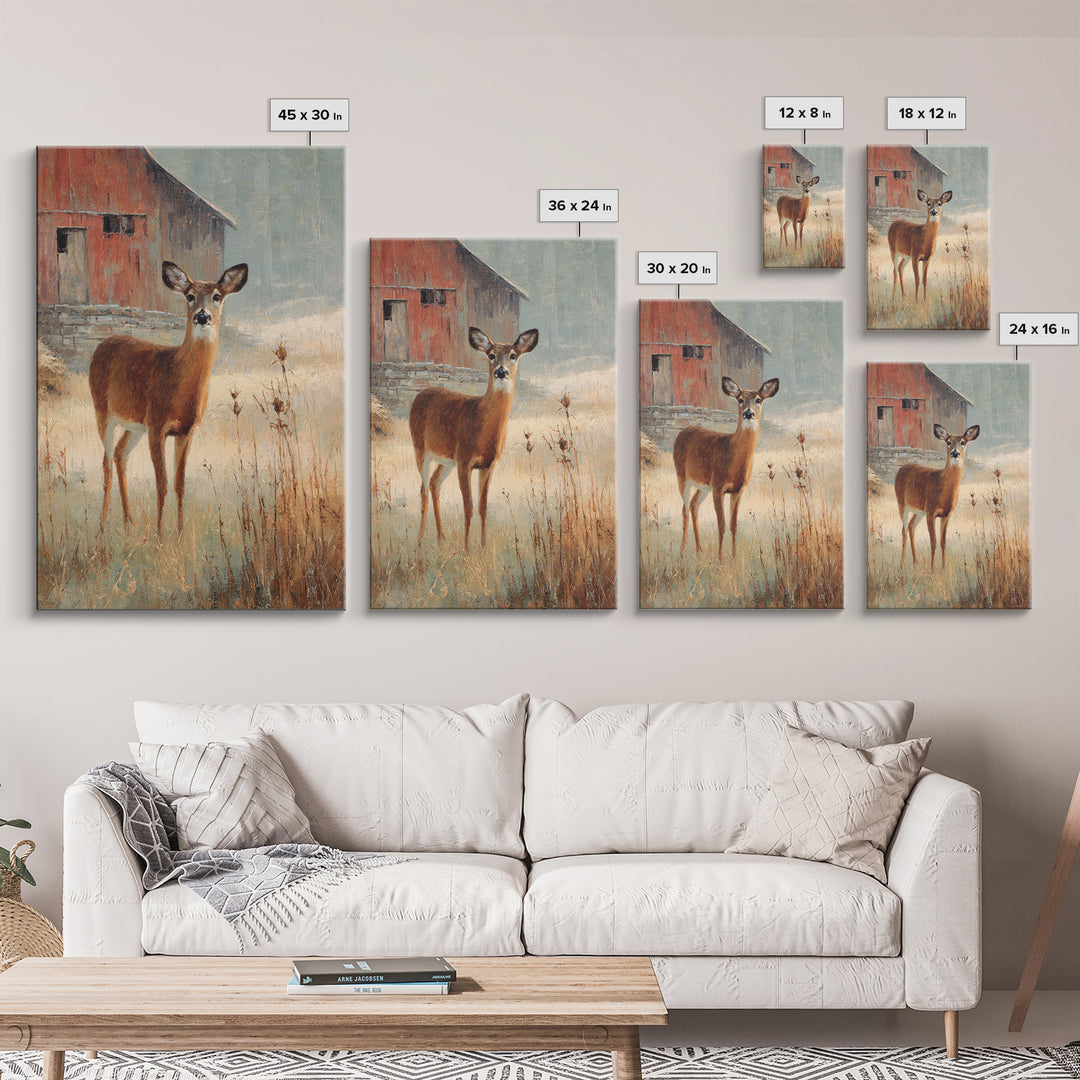 Deer Crossing a Misty Morning Field Framed Canvas Print, Country Art, Wall Decor, Farmhouse Decor, Fine Art, Country, COU-2x3-19