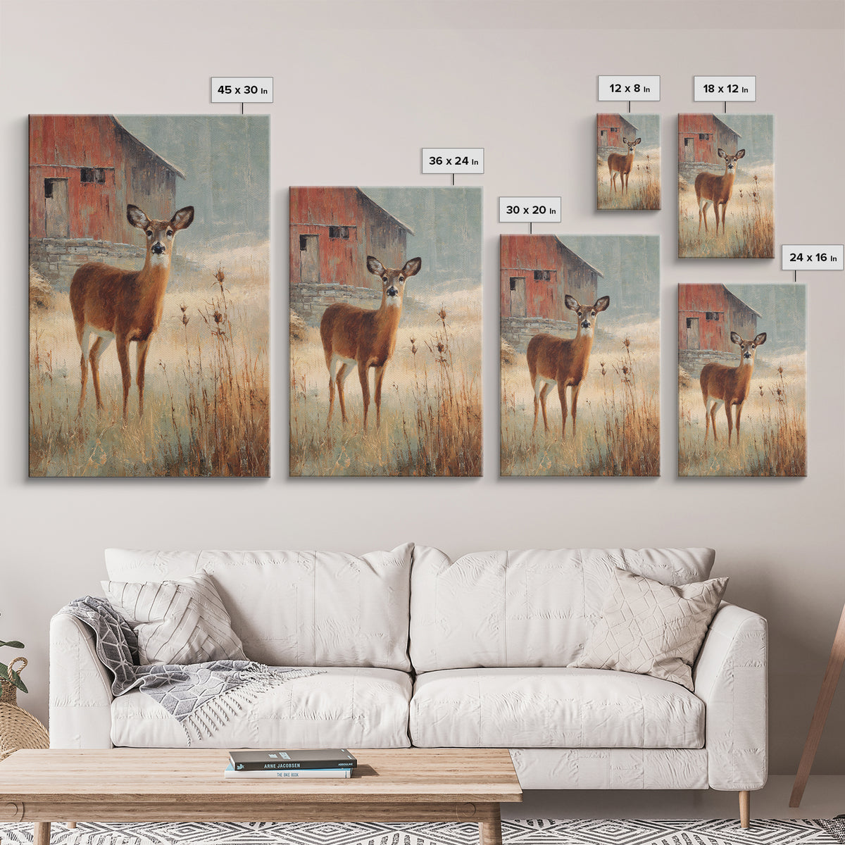 Deer Crossing a Misty Morning Field Framed Canvas Print, Country Art, Wall Decor, Farmhouse Decor, Fine Art, Country, COU-2x3-19