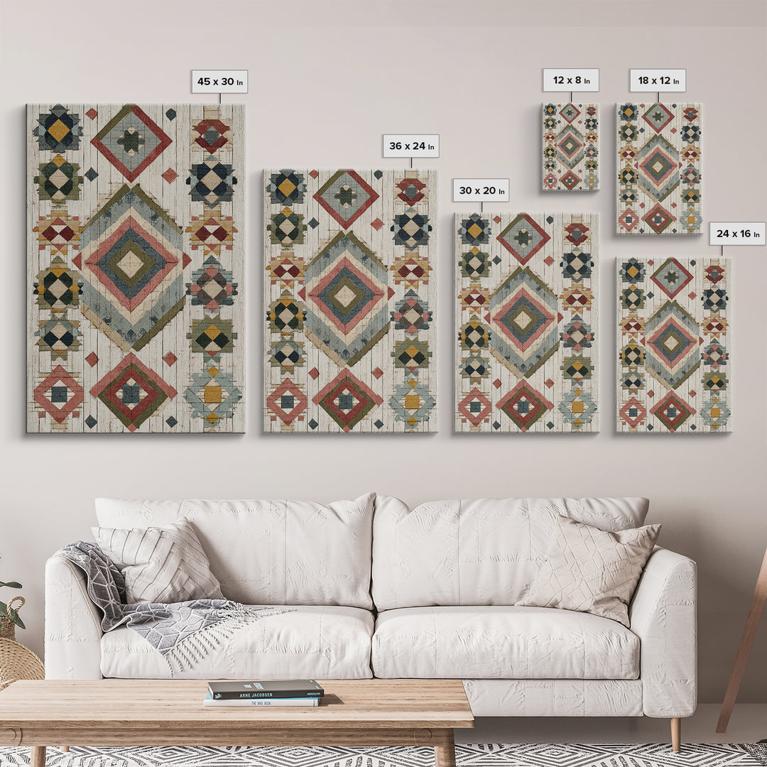 Quilt Geometric Folk Pattern Framed Canvas Print, Country Art, Farmhouse Decor, Abstract Art, Country, Watercolor Painting, COU-2x3-20