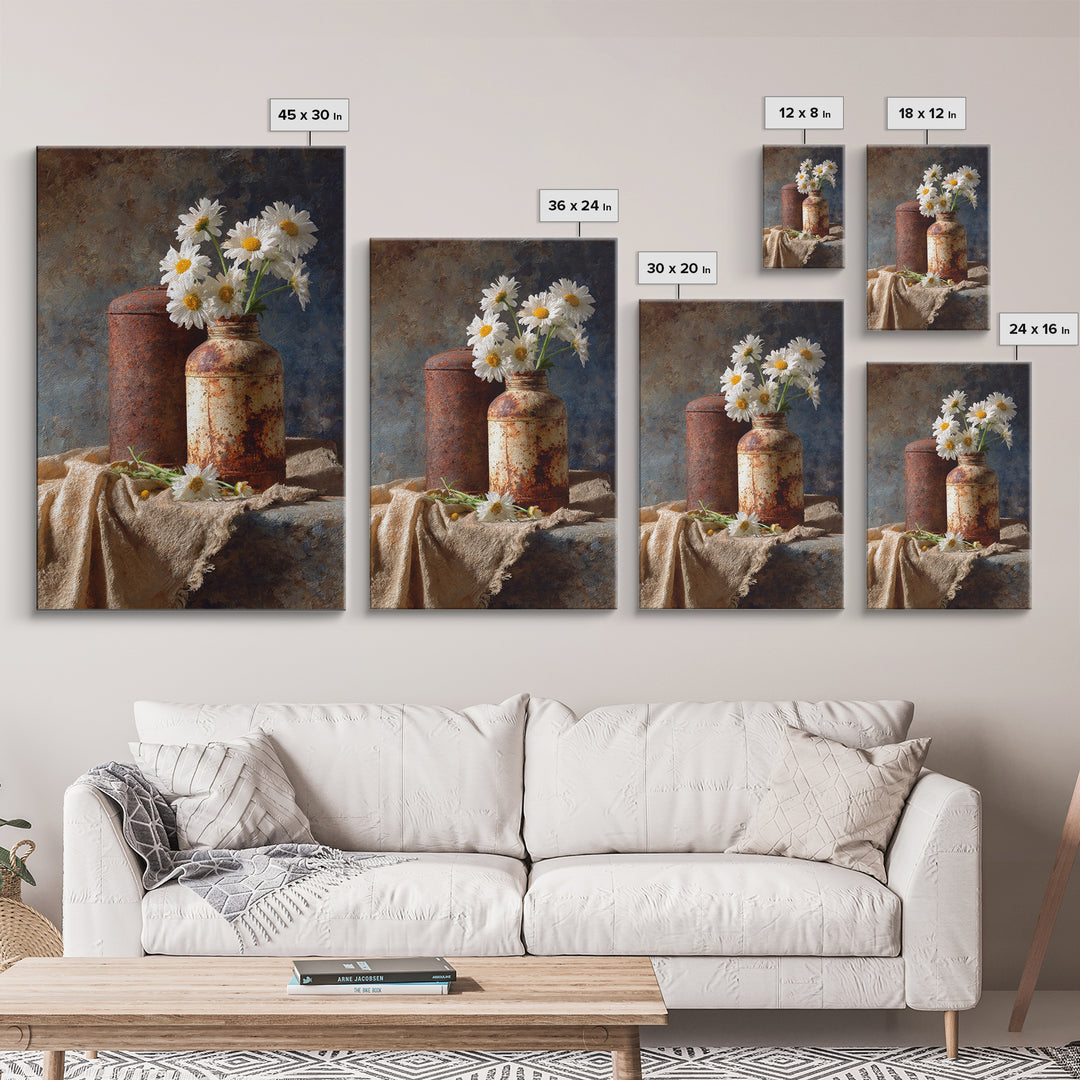 Milk Can and Daisies Rustic Still Life Framed Canvas Print, Country Art, Farmhouse Decor, Oil Painting, Country, COU-2x3-21