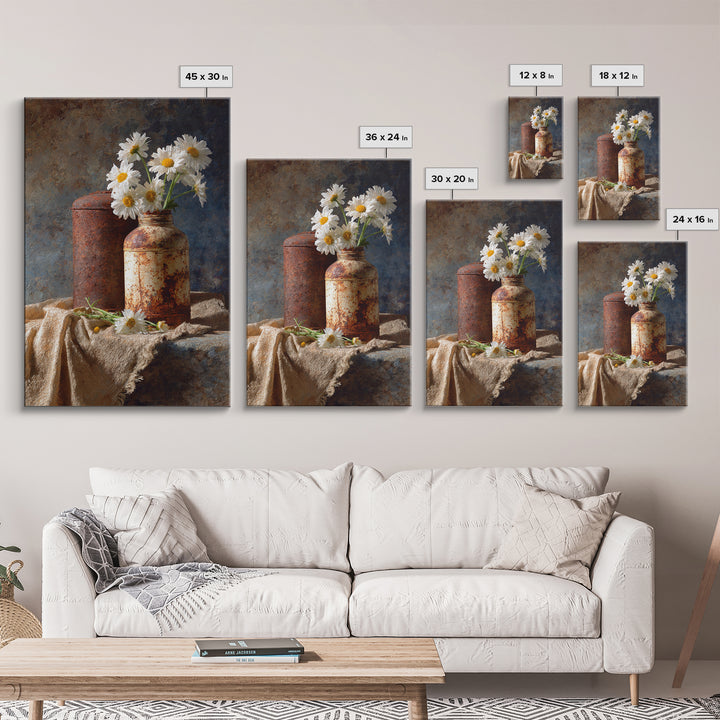 Milk Can and Daisies Rustic Still Life Framed Canvas Print, Country Art, Farmhouse Decor, Oil Painting, Country, COU-2x3-21