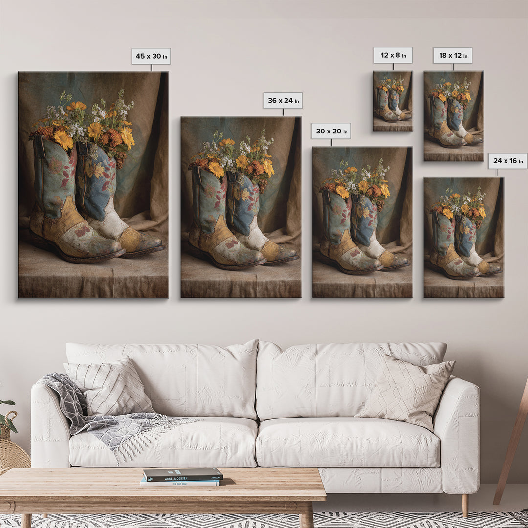 Weathered Boots with Wildflowers Tucked Inside Canvas Print, Country Art, Eclectic Wall Art, Farmhouse Decor, Country, COU-2x3-24