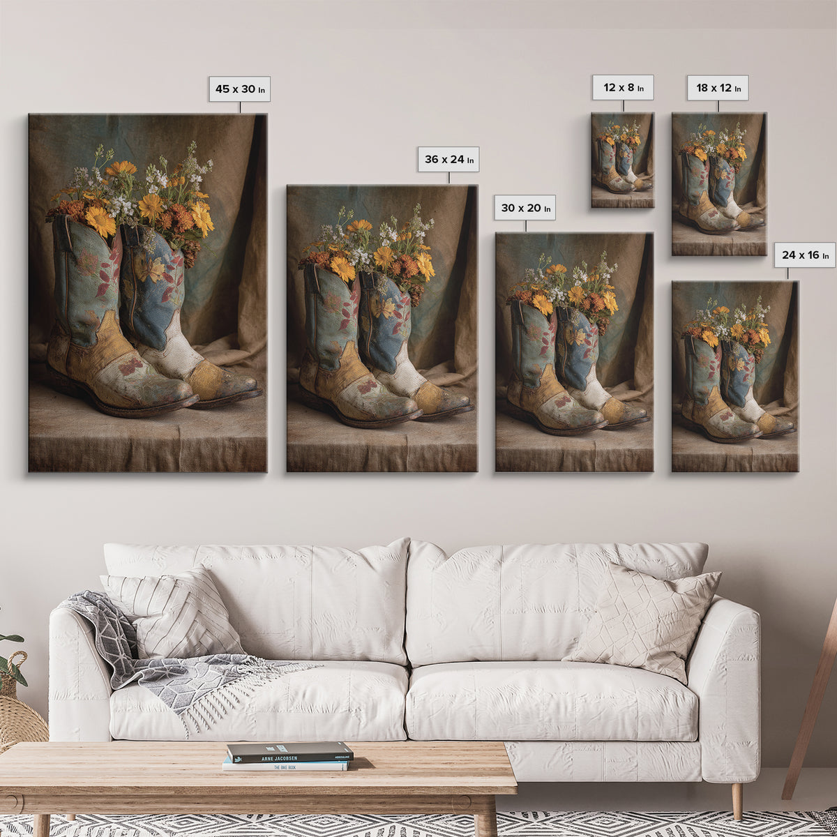 Weathered Boots with Wildflowers Tucked Inside Canvas Print, Country Art, Eclectic Wall Art, Farmhouse Decor, Country, COU-2x3-24