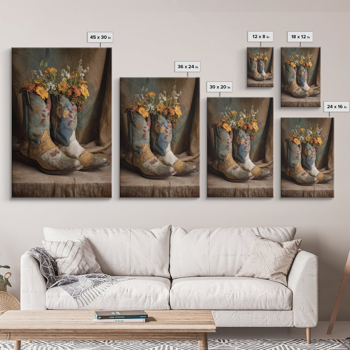 Weathered Boots with Wildflowers Tucked Inside Canvas Print, Country Art, Eclectic Wall Art, Farmhouse Decor, Country, COU-2x3-24