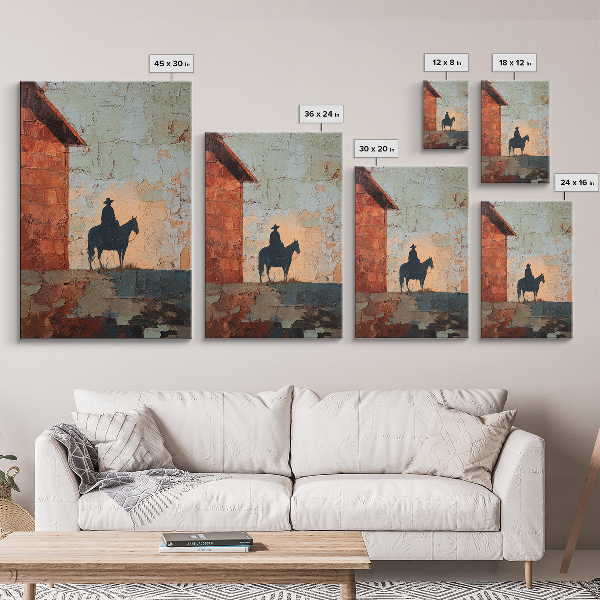 Horse and Rider Silhouette at Dusk Framed Canvas Print, Country Art, Wall Art, Farmhouse Decor, Fine Art, Country, COU-2x3-25