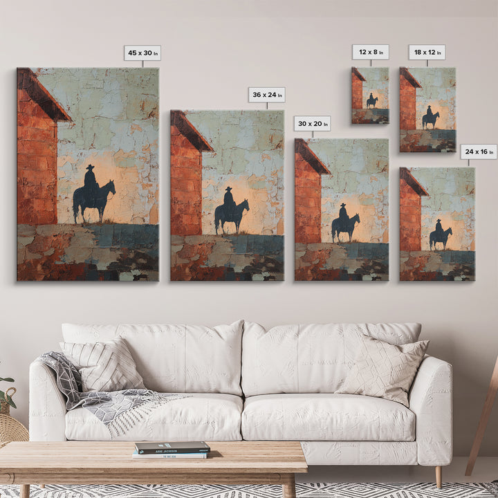 Horse and Rider Silhouette at Dusk Framed Canvas Print, Country Art, Wall Art, Farmhouse Decor, Fine Art, Country, COU-2x3-25