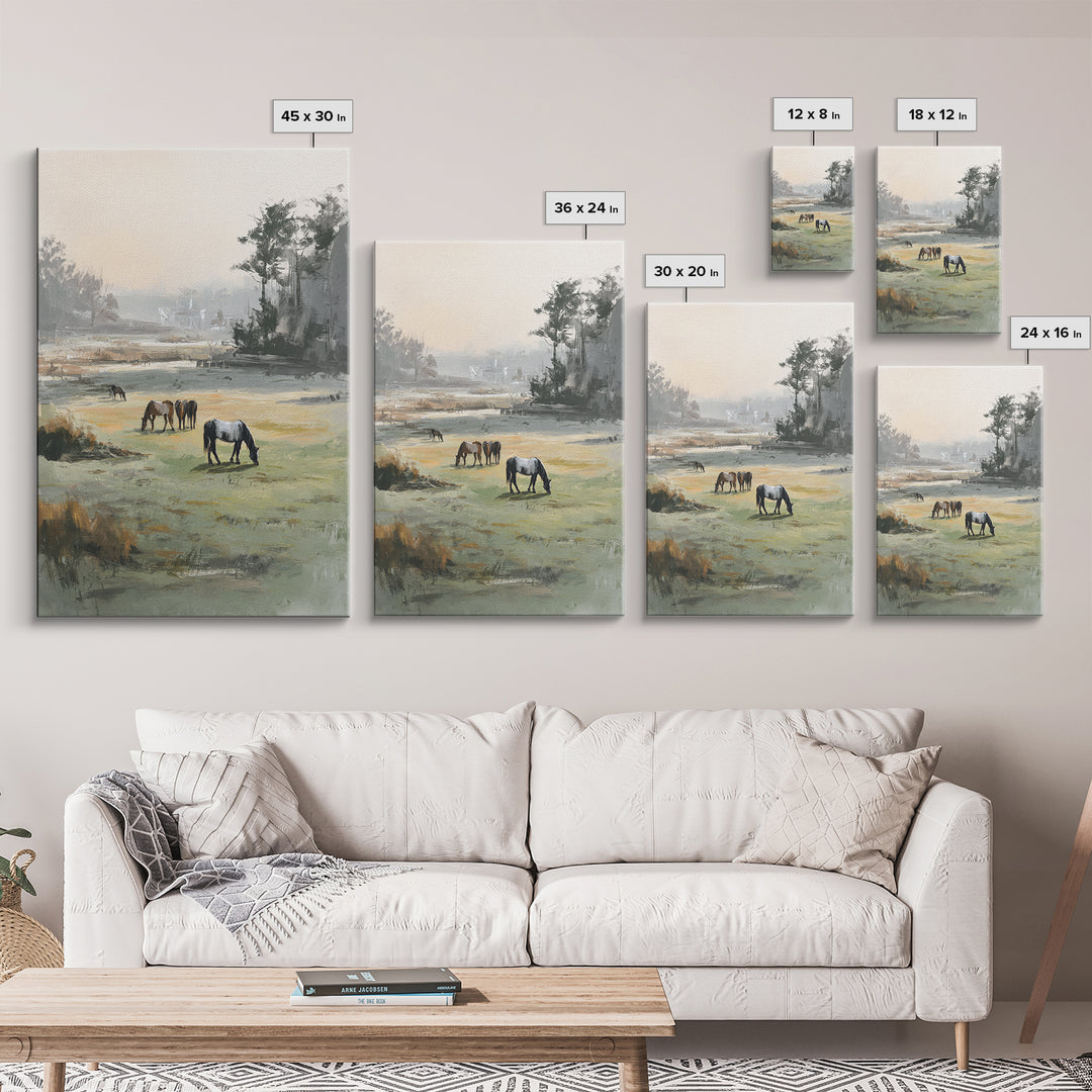 Rolling Pasture with Grazing Horses at Sunrise Canvas Print, Country Art, Original Painting, Farmhouse Decor, Country, COU-2x3-33