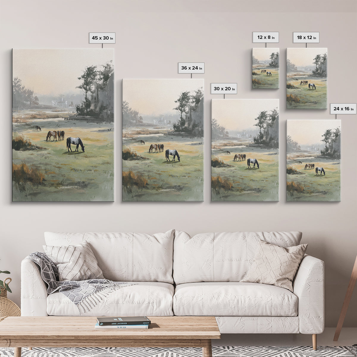 Rolling Pasture with Grazing Horses at Sunrise Canvas Print, Country Art, Original Painting, Farmhouse Decor, Country, COU-2x3-33