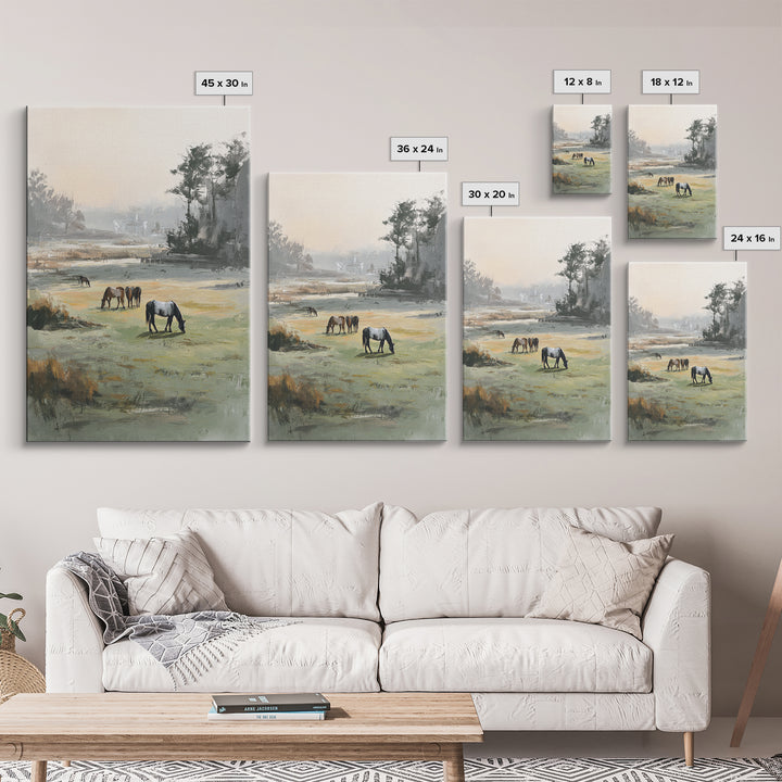 Rolling Pasture with Grazing Horses at Sunrise Canvas Print, Country Art, Original Painting, Farmhouse Decor, Country, COU-2x3-33
