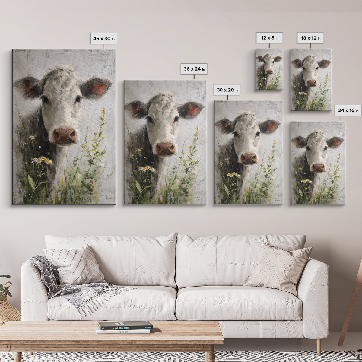Cow Portrait with Gentle Farmhouse Personality Framed Canvas Print, Country Art, Digital Art Prints, Farmhouse Decor, Country, COU-2x3-36