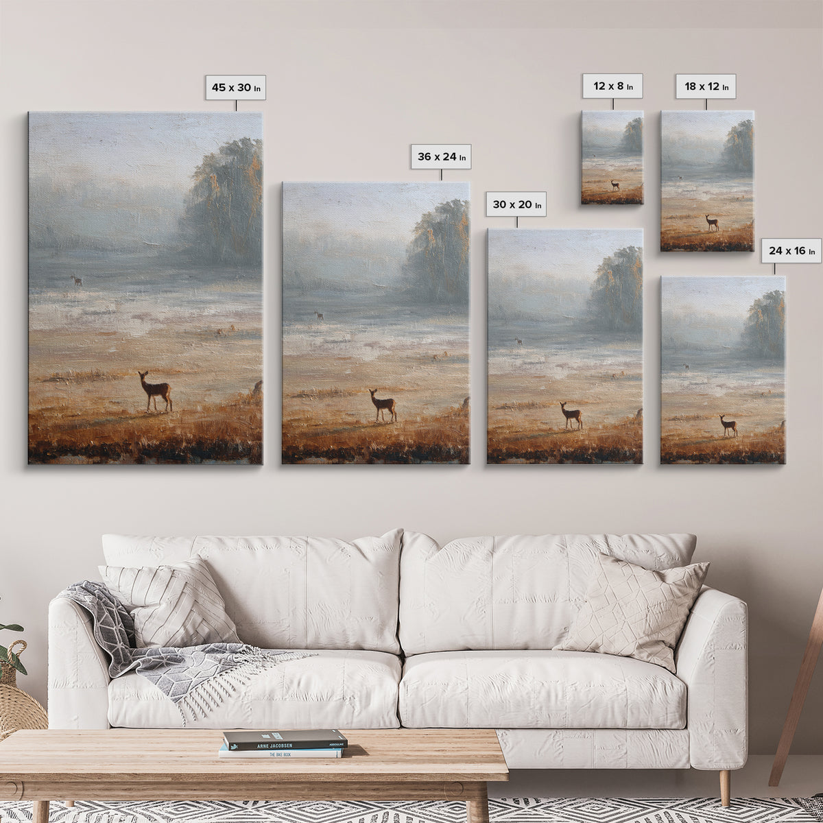 Deer Crossing a Misty Morning Field Framed Canvas Print, Country Art, Contemporary Art, Farmhouse Decor, Fine Art, Country, COU-2x3-43