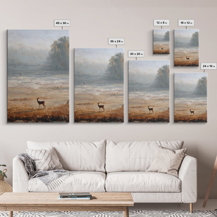 Deer Crossing a Misty Morning Field Framed Canvas Print, Country Art, Contemporary Art, Farmhouse Decor, Fine Art, Country, COU-2x3-43