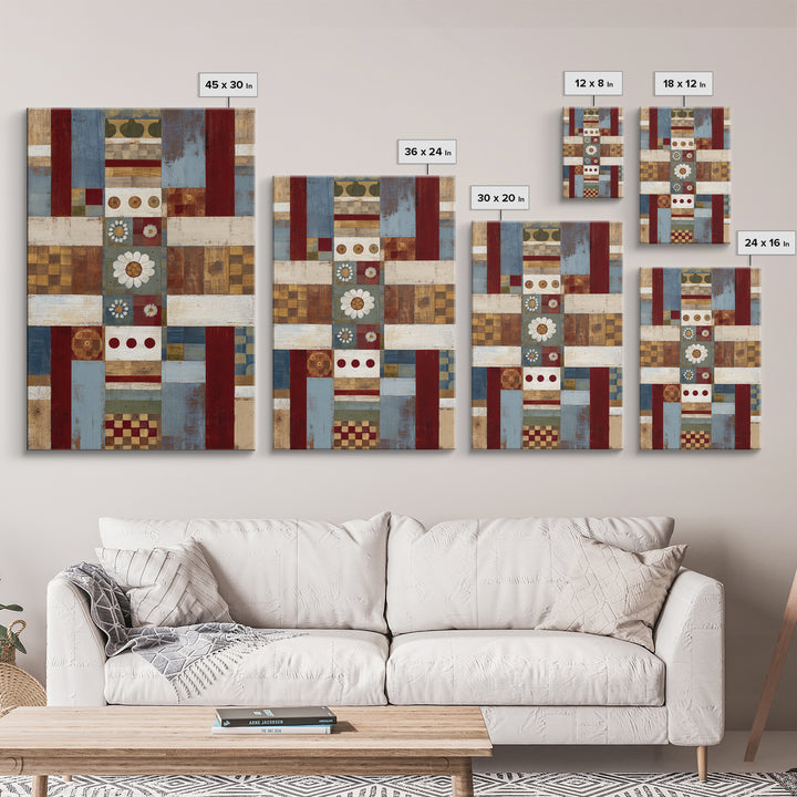 Quilt Geometric Folk Pattern Framed Canvas Print, Country Art, Landscape Wall Art, Farmhouse Decor, Abstract Art, Country, COU-2x3-44