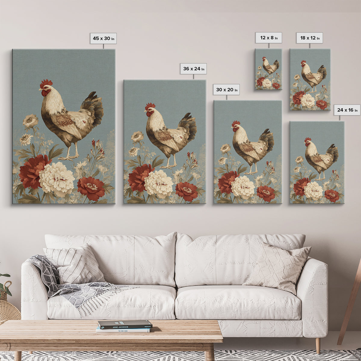 Chickens Pecking Near Garden Flowers Framed Canvas Print, Country Art, Textured Painting, Farmhouse Decor, Fine Art, Country, COU-2x3-46