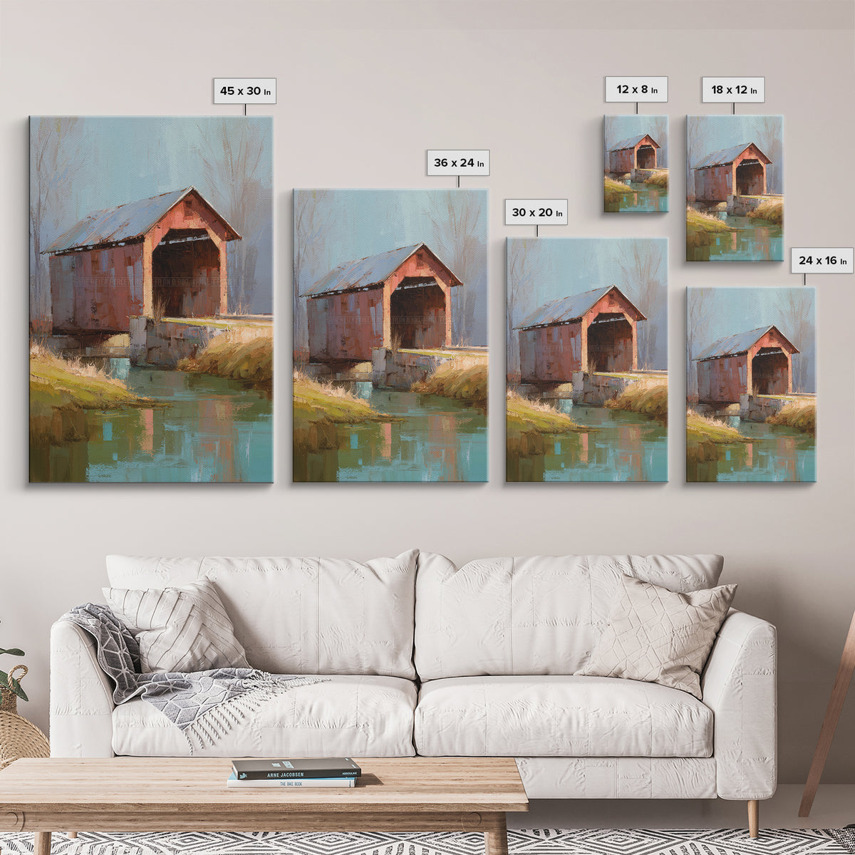 Covered Bridge over a Quiet Creek Framed Canvas Print, Country Art, Wall Art, Farmhouse Decor, Abstract Art, Country, COU-2x3-47