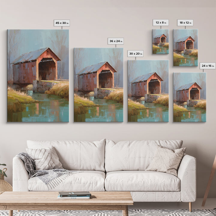 Covered Bridge over a Quiet Creek Framed Canvas Print, Country Art, Wall Art, Farmhouse Decor, Abstract Art, Country, COU-2x3-47