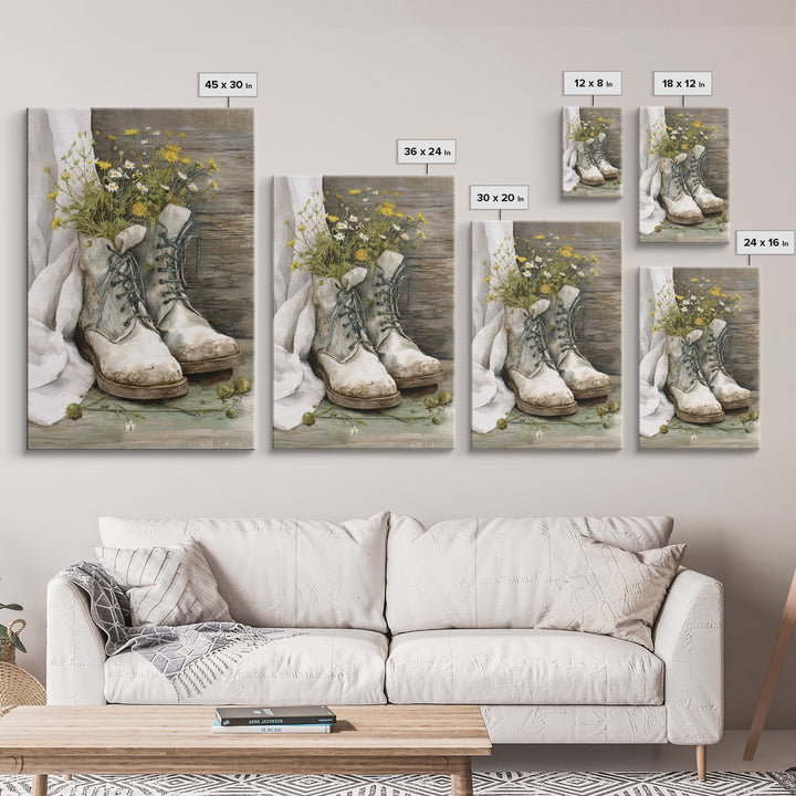 Weathered Boots with Wildflowers Tucked Inside Framed Canvas Print, Country Art, Statement Artwork, Farmhouse Decor, Country, COU-2x3-48