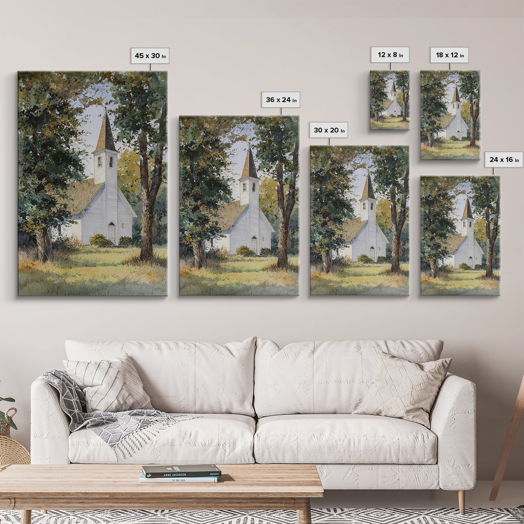 Country Church Steeple Beyond Trees Framed Canvas Print, Country Art, Room Decor, Farmhouse Decor, Oil Painting, Country, COU-2x3-51