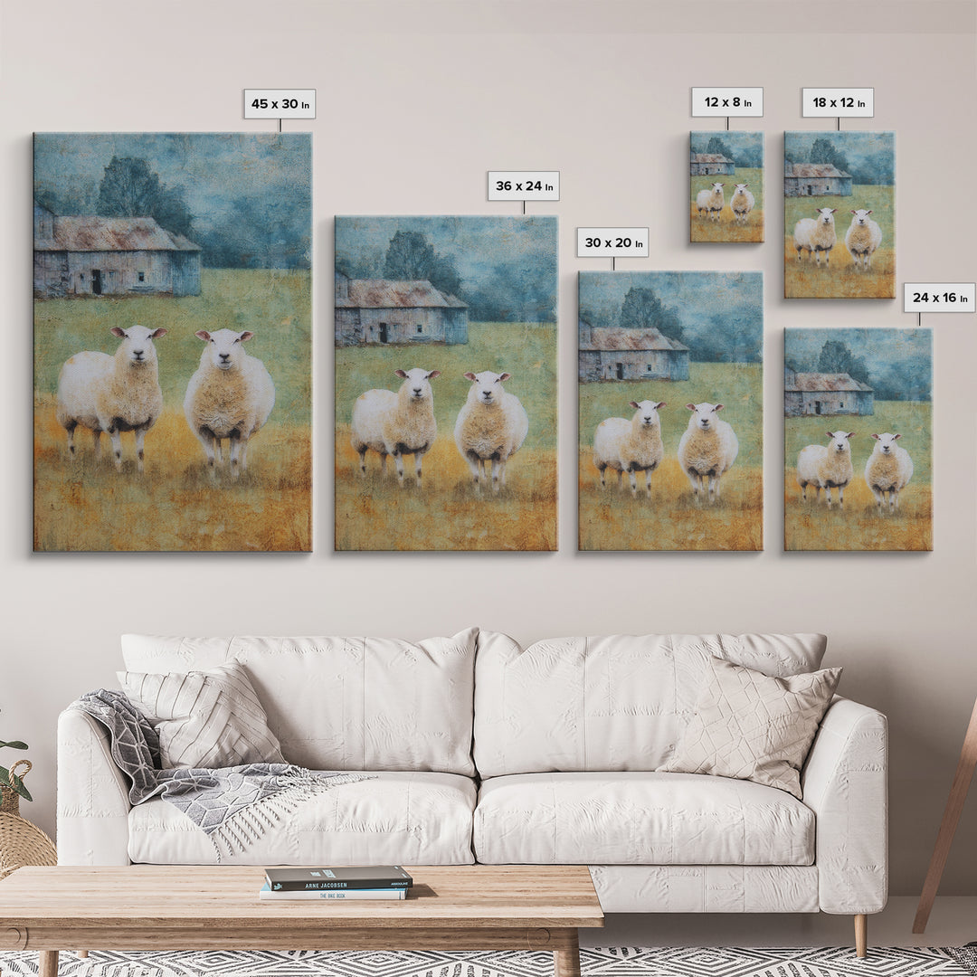 Watercolor Sheep in a Green Pasture Framed Canvas Print, Country Art, Textured Painting, Farmhouse Decor, Fine Art, Country, COU-2x3-55