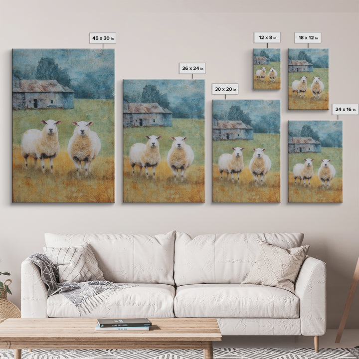 Watercolor Sheep in a Green Pasture Framed Canvas Print, Country Art, Textured Painting, Farmhouse Decor, Fine Art, Country, COU-2x3-55