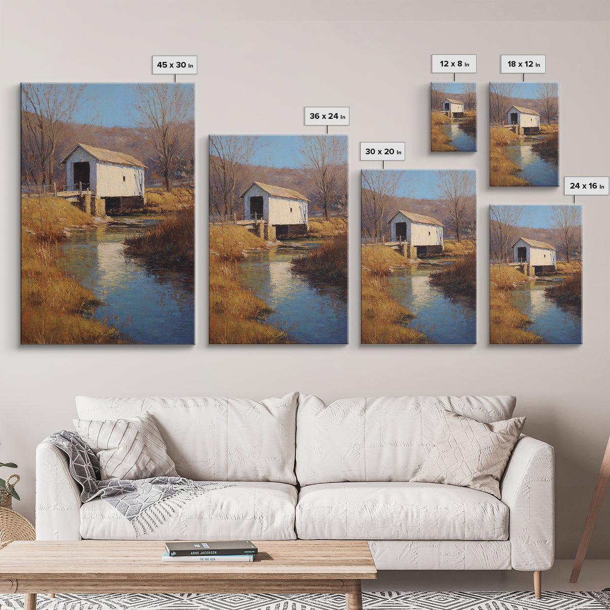 Covered Bridge over a Quiet Creek Canvas Print, Country Art, Art Print, Farmhouse Decor, Fine Art, Country, Watercolor Painting, COU-2x3-71