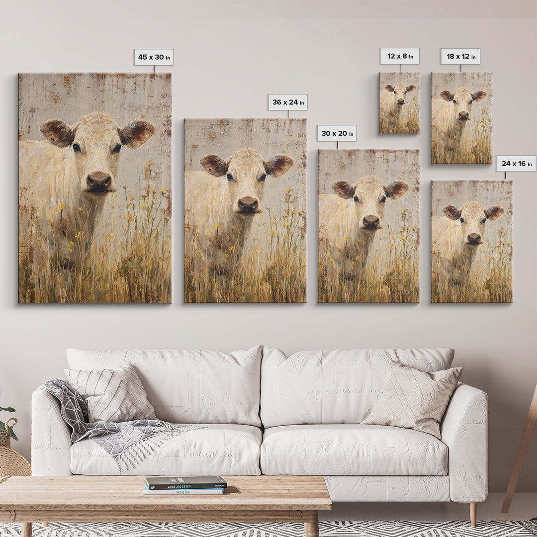Cow Portrait with Gentle Farmhouse Personality Framed Canvas Print, Country Art, Landscape Painting, Farmhouse Decor, Country, COU-2x3-84
