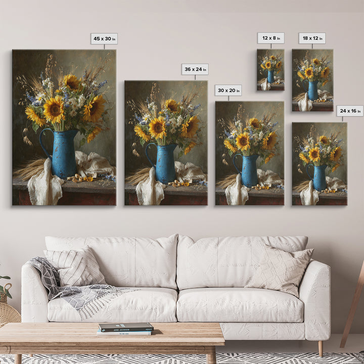Sunflowers in a Blue Enamel Pitcher Framed Canvas Print, Country Art, Printable Wall Art, Farmhouse Decor, Fine Art, Country, COU-2x3-88