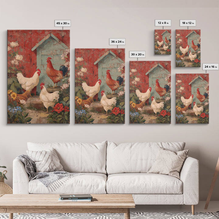 Chickens Pecking Near Garden Flowers Framed Canvas Print, Country Art, Farmhouse Decor, Watercolor Art, Country, COU-2x3-94