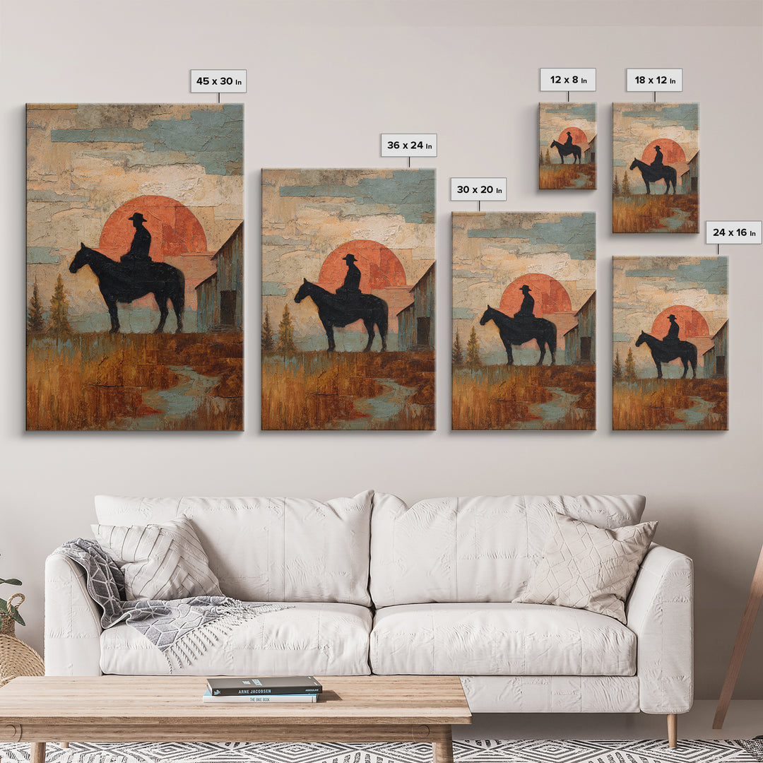 Horse and Rider Silhouette at Dusk Framed Canvas Print, Country Art, Large Wall Art, Farmhouse Decor, Fine Art, Country, COU-2x3-97