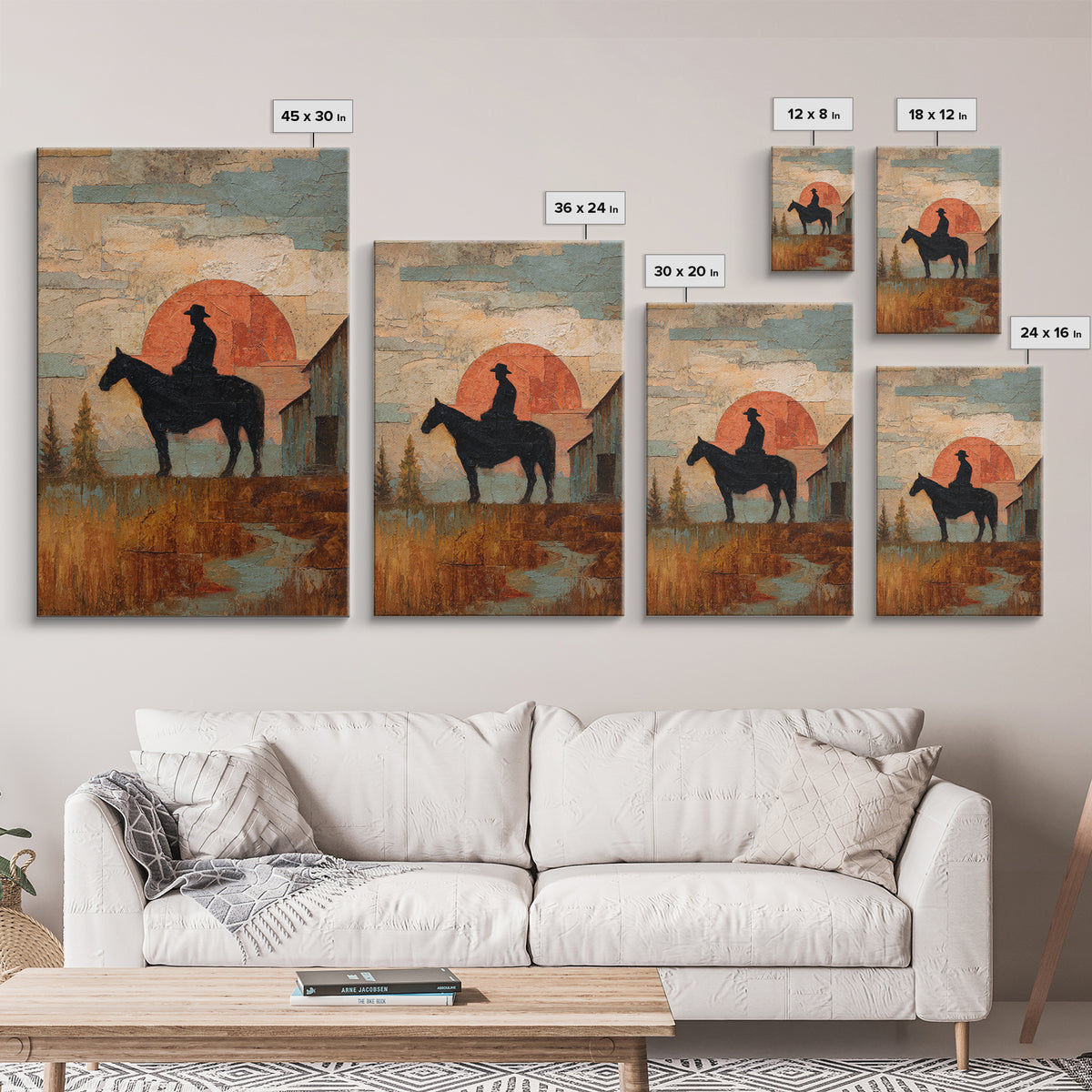 Horse and Rider Silhouette at Dusk Framed Canvas Print, Country Art, Large Wall Art, Farmhouse Decor, Fine Art, Country, COU-2x3-97