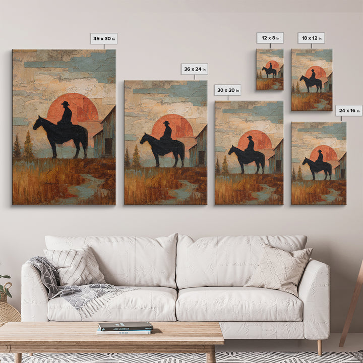 Horse and Rider Silhouette at Dusk Framed Canvas Print, Country Art, Large Wall Art, Farmhouse Decor, Fine Art, Country, COU-2x3-97