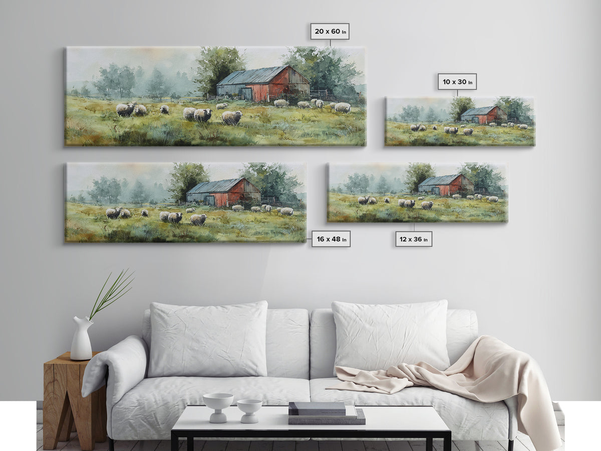 Watercolor Sheep in a Green Pasture Framed Canvas Print, Country Art, Gallery Wall Art, Farmhouse Decor, Fine Art, Country, COU-3x1-15