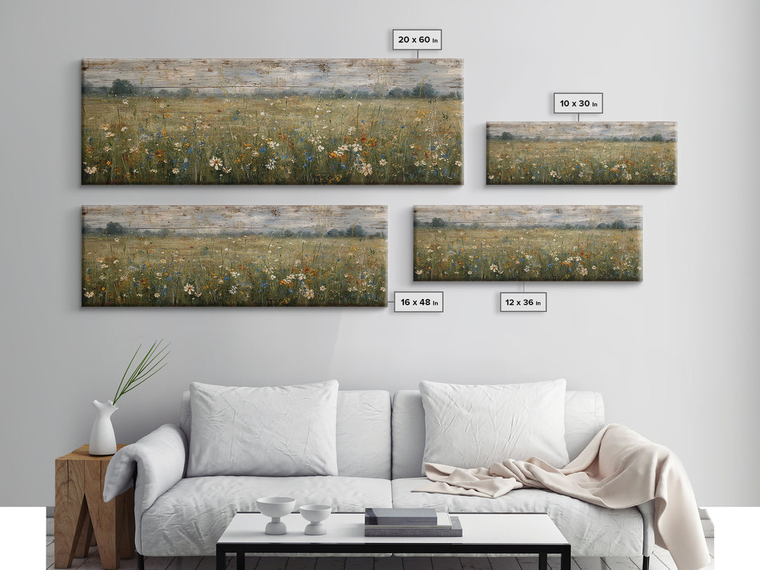 Wildflower Meadow Beside an Old Fence Framed Canvas Print, Country Art, Oil Painting, Farmhouse Decor, Watercolor Art, Country, COU-3x1-18
