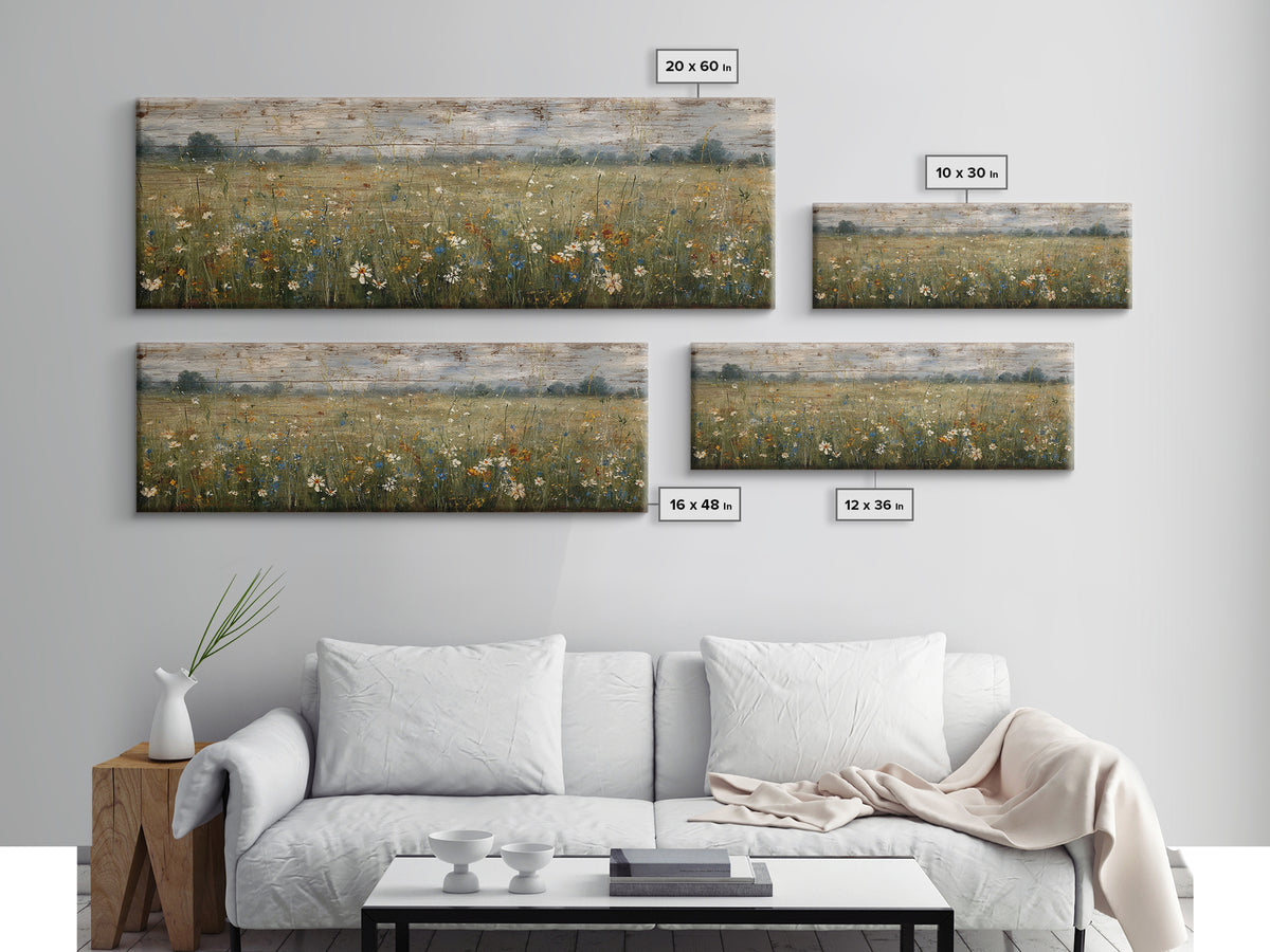 Wildflower Meadow Beside an Old Fence Framed Canvas Print, Country Art, Oil Painting, Farmhouse Decor, Watercolor Art, Country, COU-3x1-18