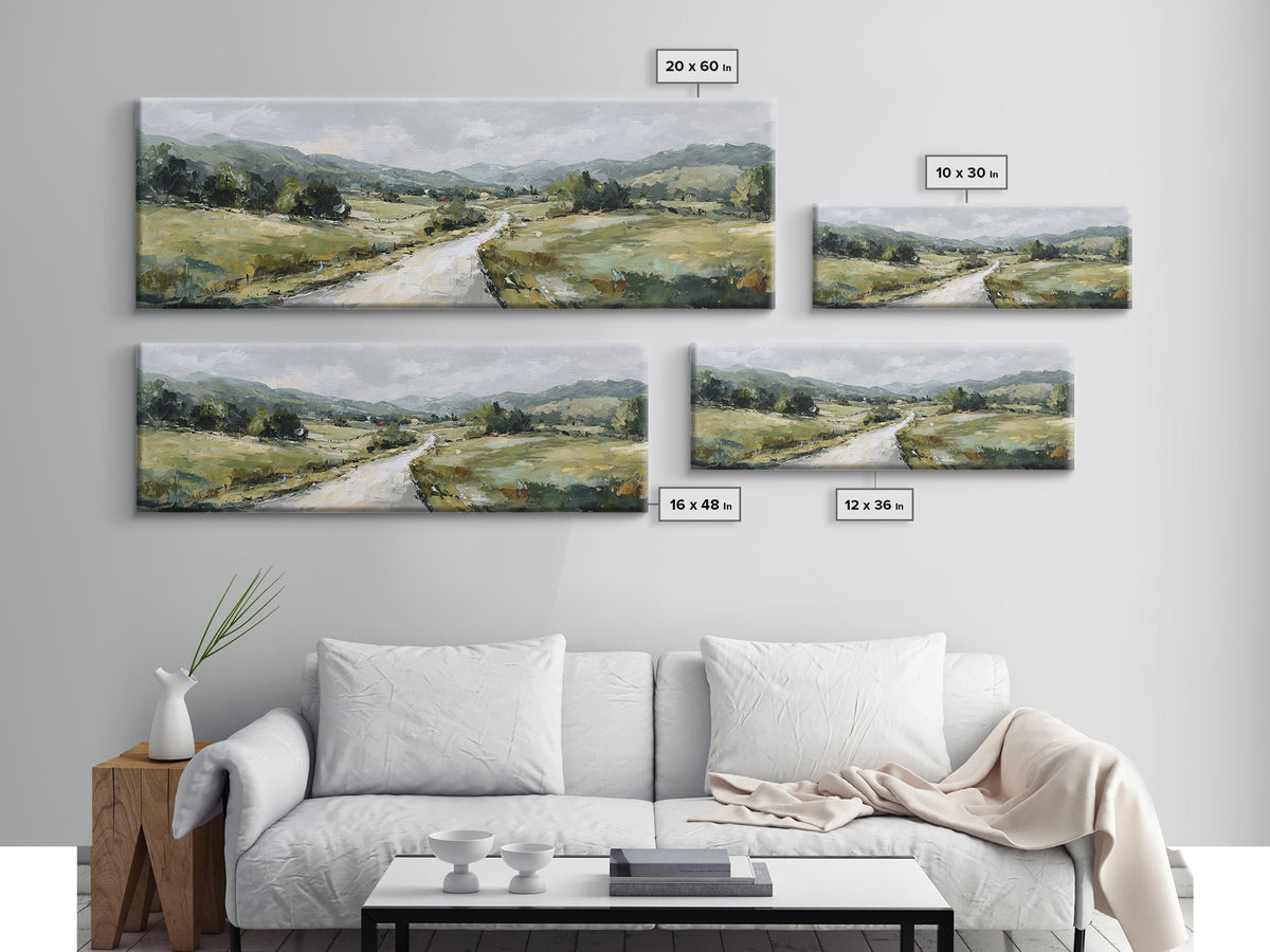 Country Road Disappearing into Green Hills Framed Canvas Print, Country Art, Statement Artwork, Farmhouse Decor, Country, COU-3x1-23