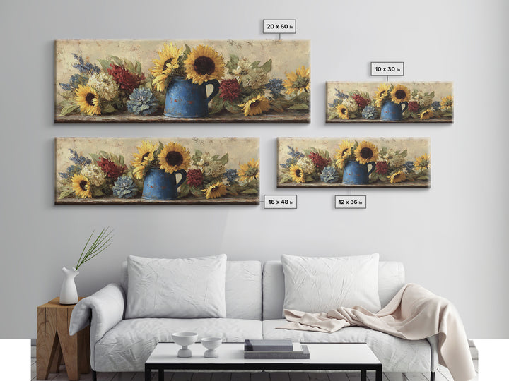 Sunflowers in a Blue Enamel Pitcher Canvas Print, Country Art, Farmhouse Wall Art, Farmhouse Decor, Watercolor Art, Country, COU-3x1-24