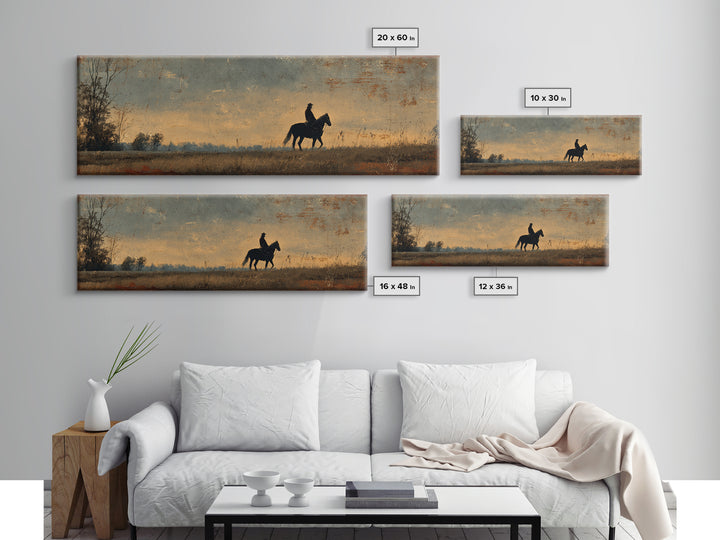 Horse and Rider Silhouette at Dusk Canvas Print, Country Art, Farmhouse Decor, Country, Gallery Wall Art, Landscape Wall Art, COU-3x1-33