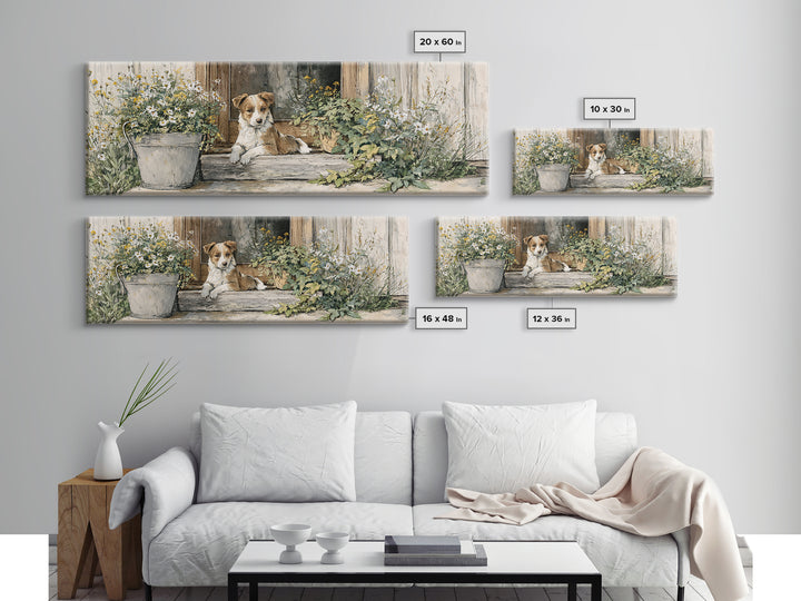 Dog Resting Beside a Porch Flower Pot Canvas Print, Country Art, Original Painting, Farmhouse Decor, Oil Painting, Country, COU-3x1-38