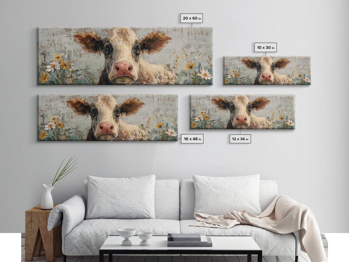 Cow Portrait with Gentle Farmhouse Personality Framed Canvas Print, Country Art, Wall Decor, Farmhouse Decor, Fine Art, Country, COU-3x1-44
