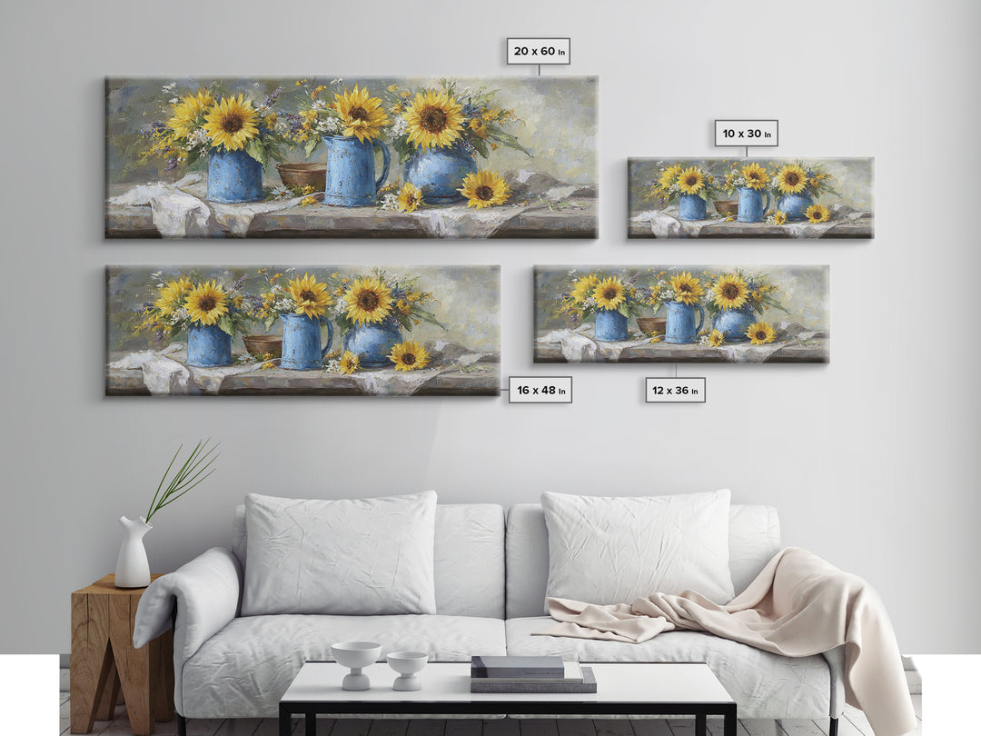 Sunflowers in a Blue Enamel Pitcher Canvas Print, Country Art, Luxury Decor, Farmhouse Decor, Fine Art, Country, COU-3x1-48