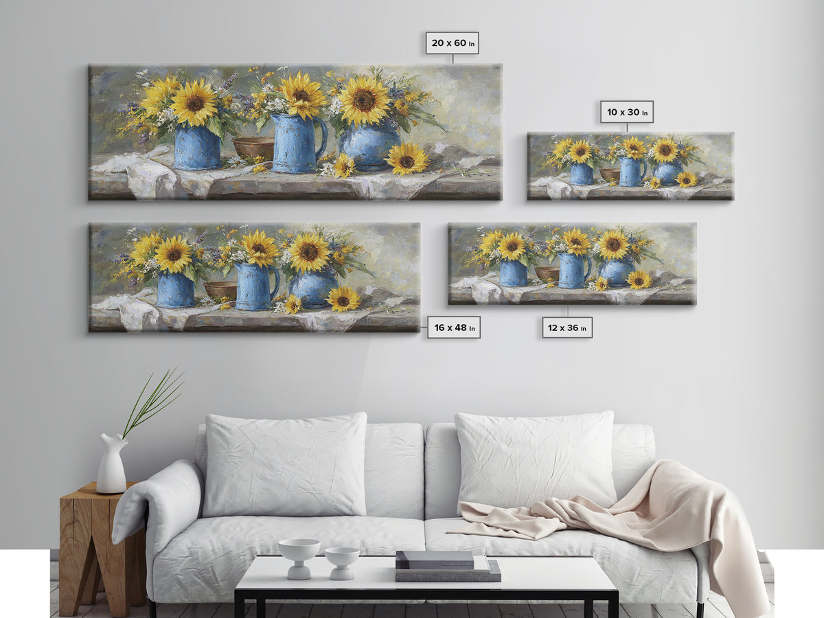 Sunflowers in a Blue Enamel Pitcher Canvas Print, Country Art, Luxury Decor, Farmhouse Decor, Fine Art, Country, COU-3x1-48