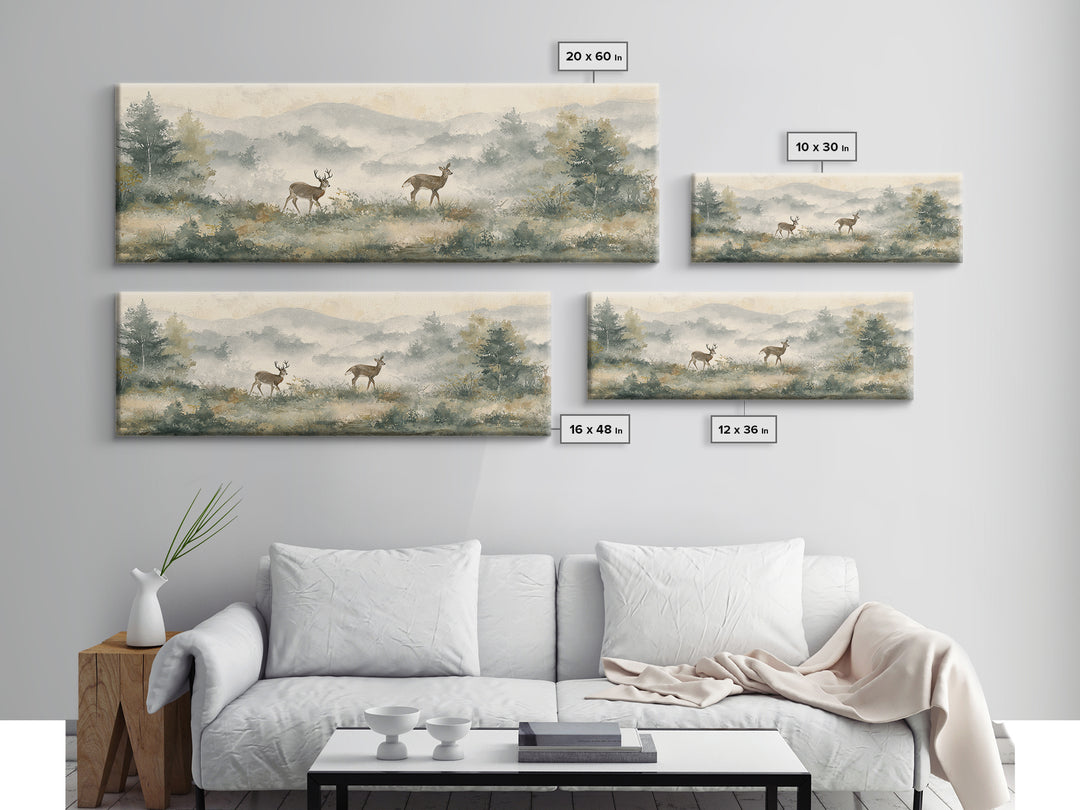 Deer Crossing a Misty Morning Field Framed Canvas Print, Country Art, Digital Prints, Farmhouse Decor, Fine Art, Country, COU-3x1-51