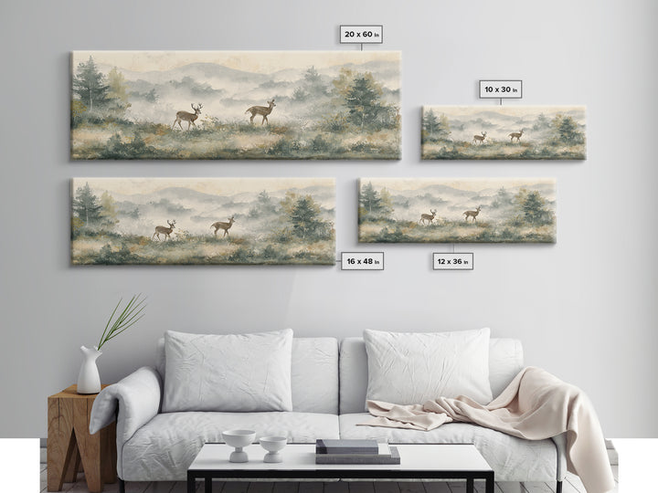 Deer Crossing a Misty Morning Field Framed Canvas Print, Country Art, Digital Prints, Farmhouse Decor, Fine Art, Country, COU-3x1-51