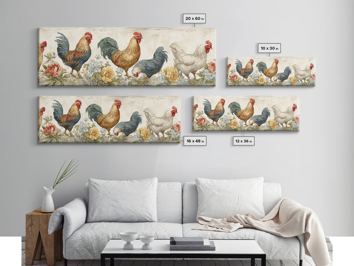 Chickens Pecking Near Garden Flowers Canvas Print, Country Art, Landscape Painting, Farmhouse Decor, Watercolor Art, Country, COU-3x1-54