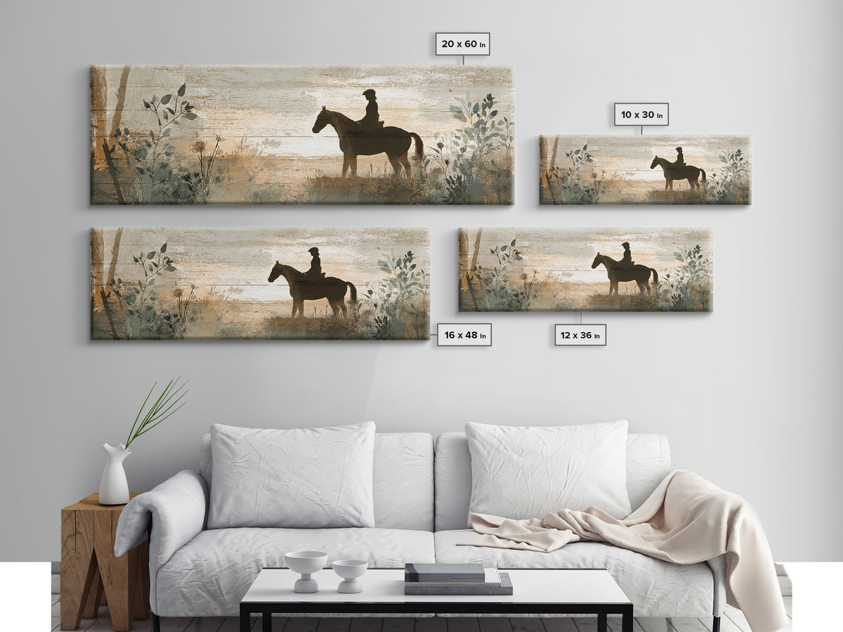 Horse and Rider Silhouette at Dusk Framed Canvas Print, Country Art, Digital Art Prints, Farmhouse Decor, Fine Art, Country, COU-3x1-57