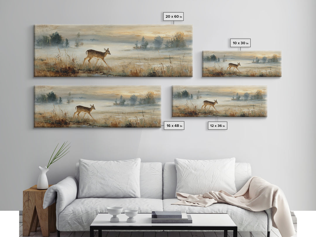 Deer Crossing a Misty Morning Field Canvas Print, Country Art, Digital Wall Art, Farmhouse Decor, Country, Floral Wall Art, COU-3x1-75