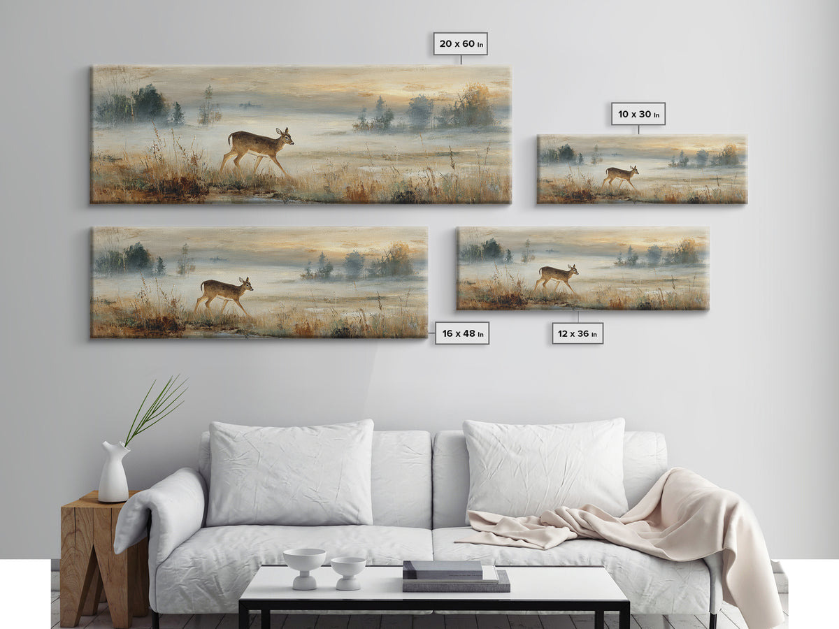 Deer Crossing a Misty Morning Field Canvas Print, Country Art, Digital Wall Art, Farmhouse Decor, Country, Floral Wall Art, COU-3x1-75