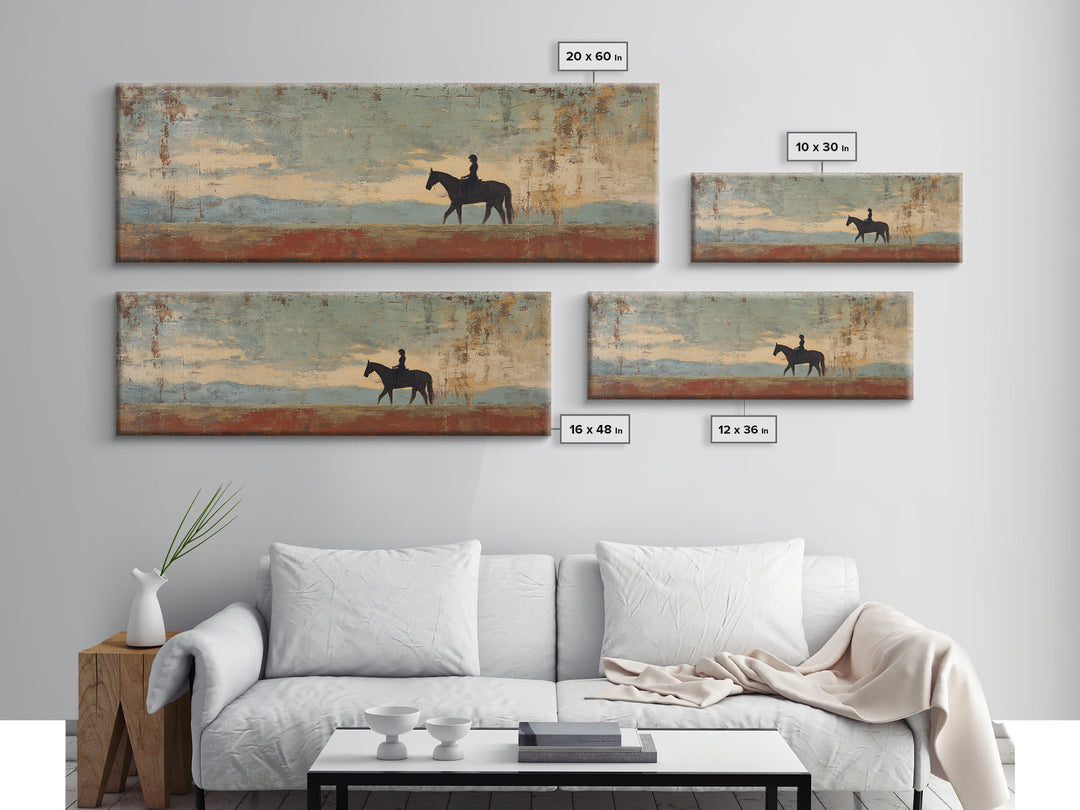 Horse and Rider Silhouette at Dusk Framed Canvas Print, Country Art, Digital Art Prints, Farmhouse Decor, Fine Art, Country, COU-3x1-81
